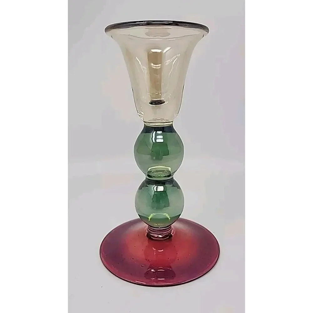 Krosno Poland Candlestick Iridescent Hand-Blown Glass w Sticker 6